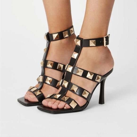 BRAND NEW ROUGE HELUIM GOLD STUDDED EMBELLISHMENTS GLADIATOR  SQUARE TOE… - Picture 1 of 13